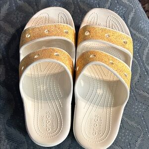 CROCS Women’s 10 Gold and White Slide Sandals